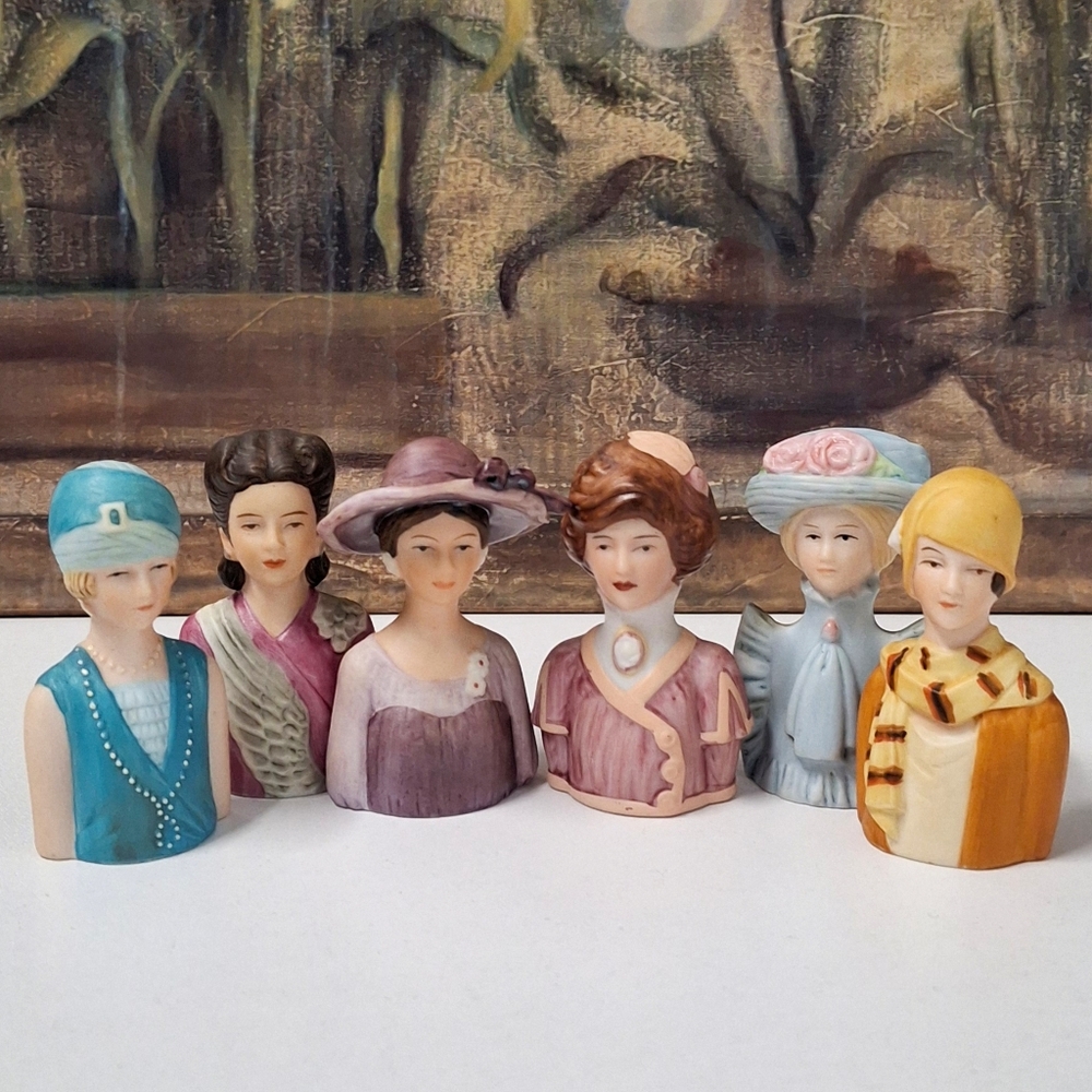 Vintage 1980s AVON Porcelain Ladies Of Fashion Bust Thimbles LOT Of 6